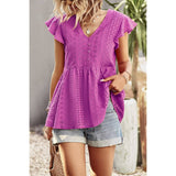 Ruffled Hollow Out V Neck Trim Peplum Top - MVTFASHION.COM