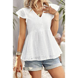 Ruffled Hollow Out V Neck Trim Peplum Top - MVTFASHION.COM