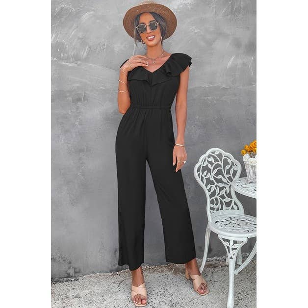 Ruffled V Neck Sleeveless Jumpsuit - MVTFASHION.COM