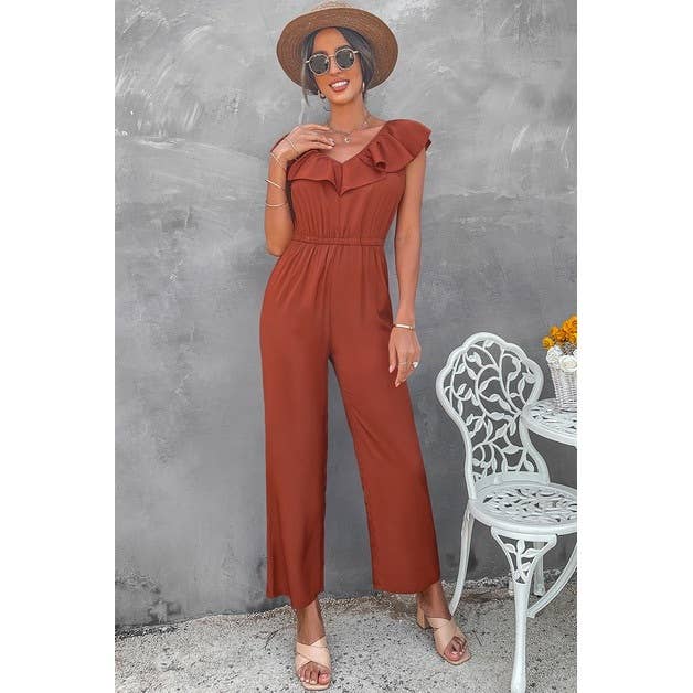 Ruffled V Neck Sleeveless Jumpsuit - MVTFASHION.COM