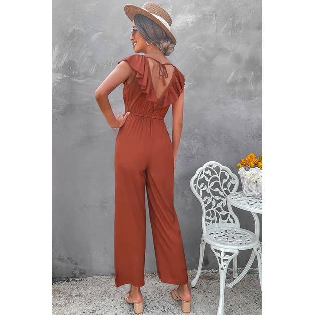 Ruffled V Neck Sleeveless Jumpsuit - MVTFASHION.COM