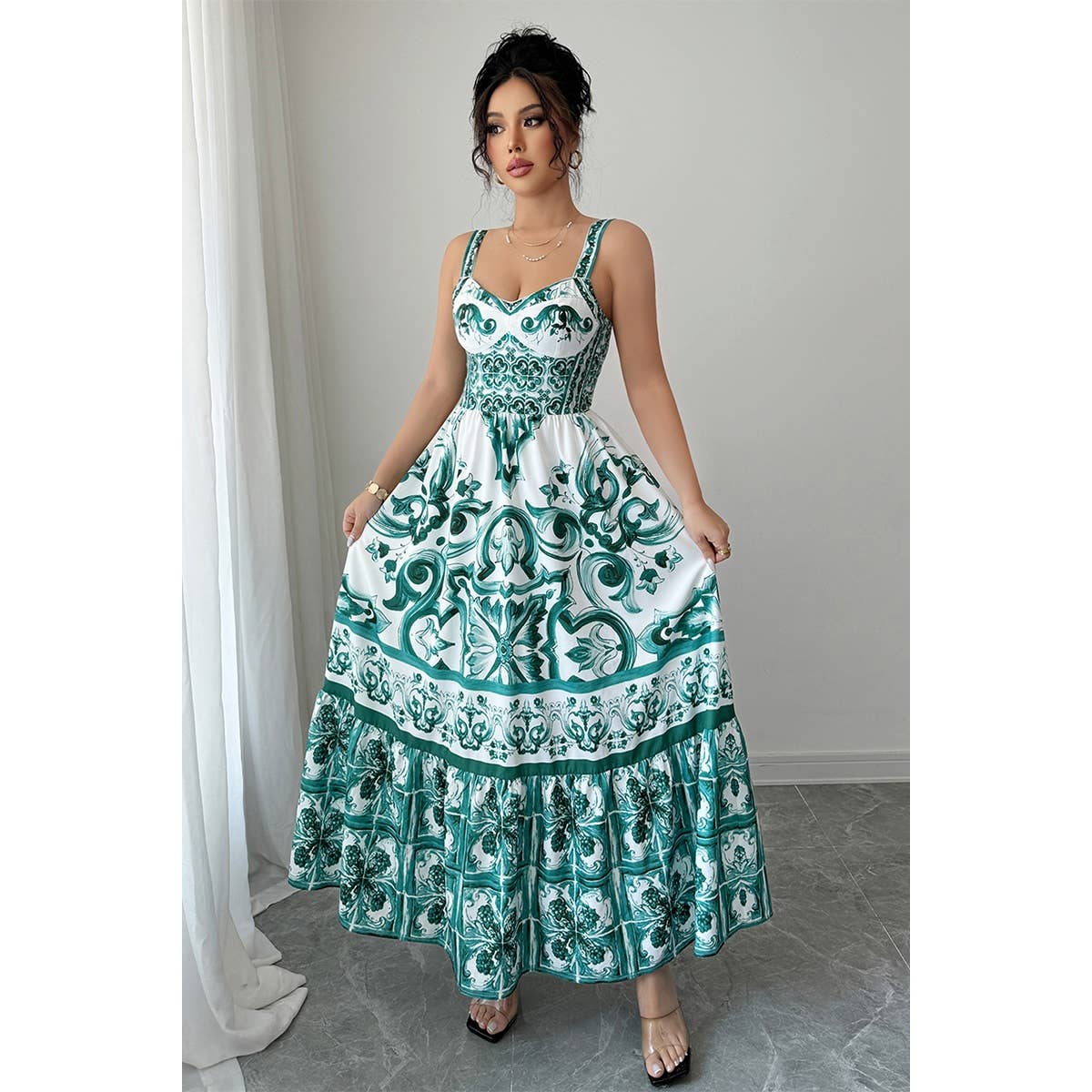 Sleeveless A Line Suspender Printed Long Dress - MVTFASHION.COM