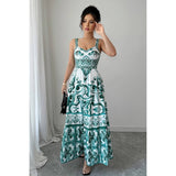 Sleeveless A Line Suspender Printed Long Dress - MVTFASHION.COM