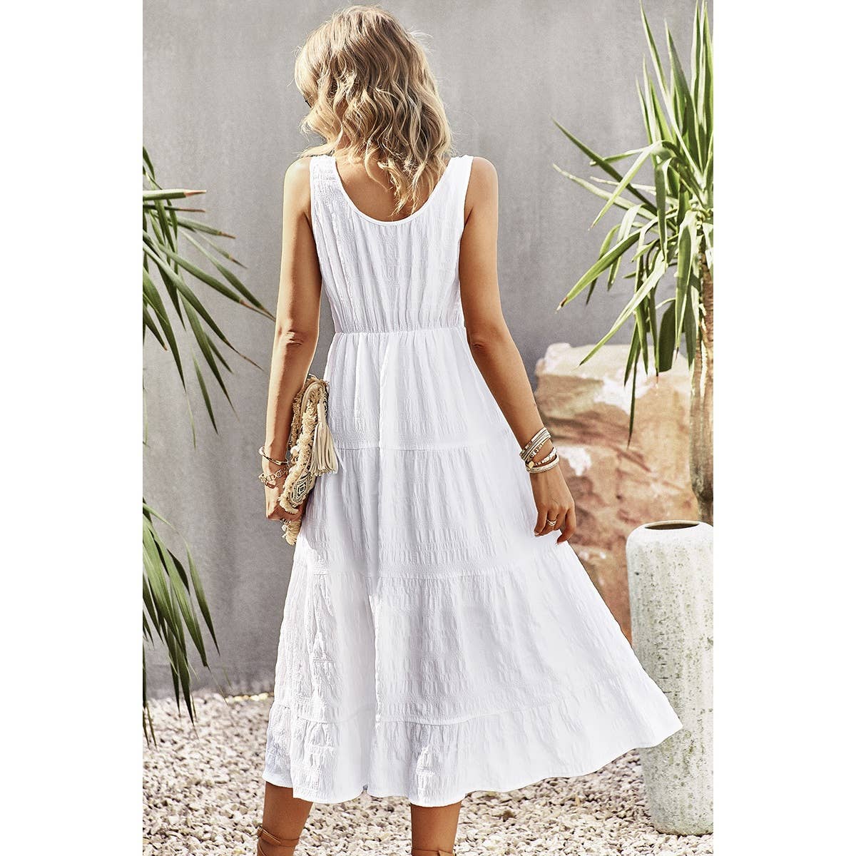 Sleeveless Boat Beck Button Ruched Hem Ruffle Dress - MVTFASHION.COM