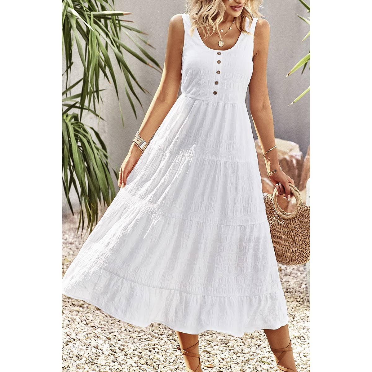 Sleeveless Boat Beck Button Ruched Hem Ruffle Dress - MVTFASHION.COM