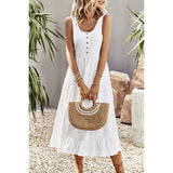 Sleeveless Boat Beck Button Ruched Hem Ruffle Dress - MVTFASHION.COM