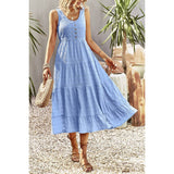 Sleeveless Boat Beck Button Ruched Hem Ruffle Dress - MVTFASHION.COM