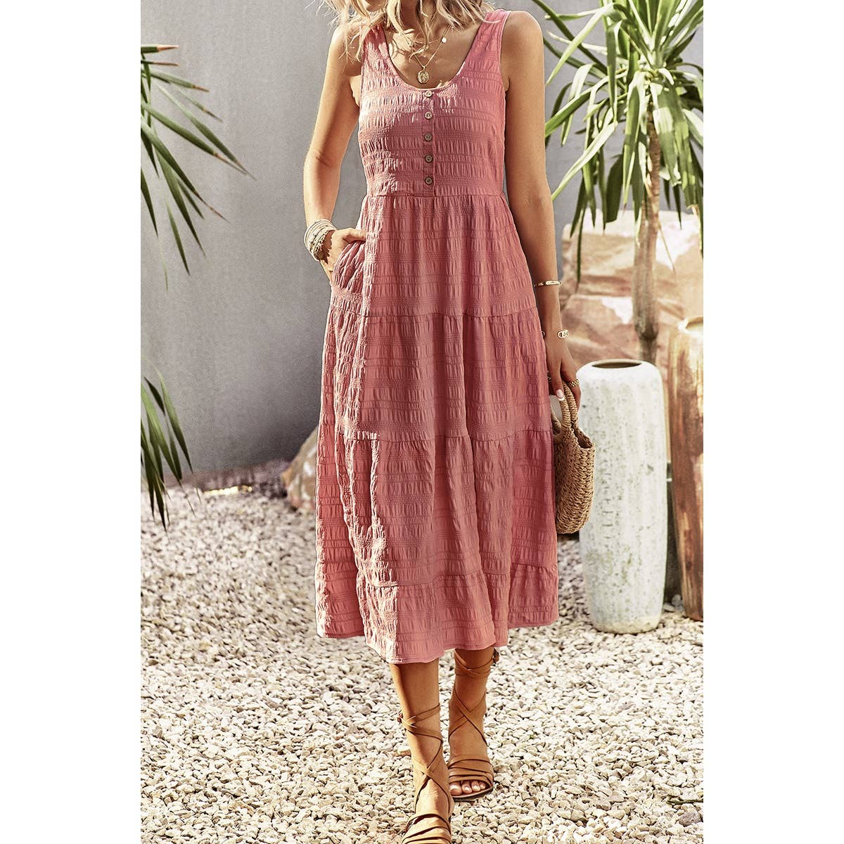 Sleeveless Boat Beck Button Ruched Hem Ruffle Dress - MVTFASHION.COM