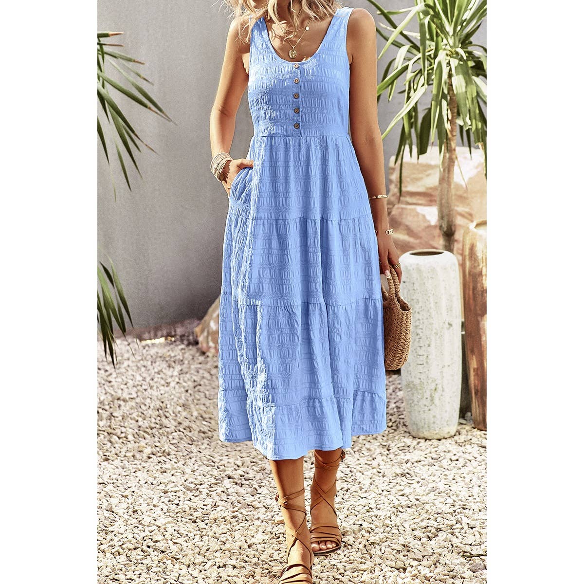 Sleeveless Boat Beck Button Ruched Hem Ruffle Dress - MVTFASHION.COM