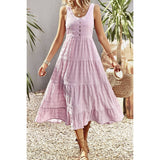 Sleeveless Boat Beck Button Ruched Hem Ruffle Dress - MVTFASHION.COM