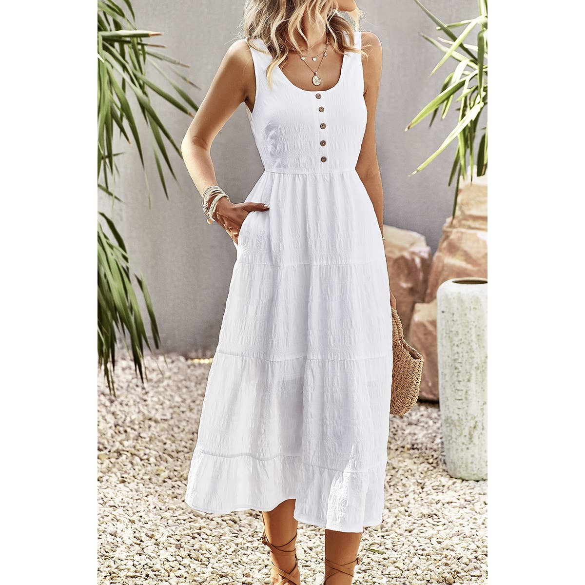 Sleeveless Boat Beck Button Ruched Hem Ruffle Dress - MVTFASHION.COM