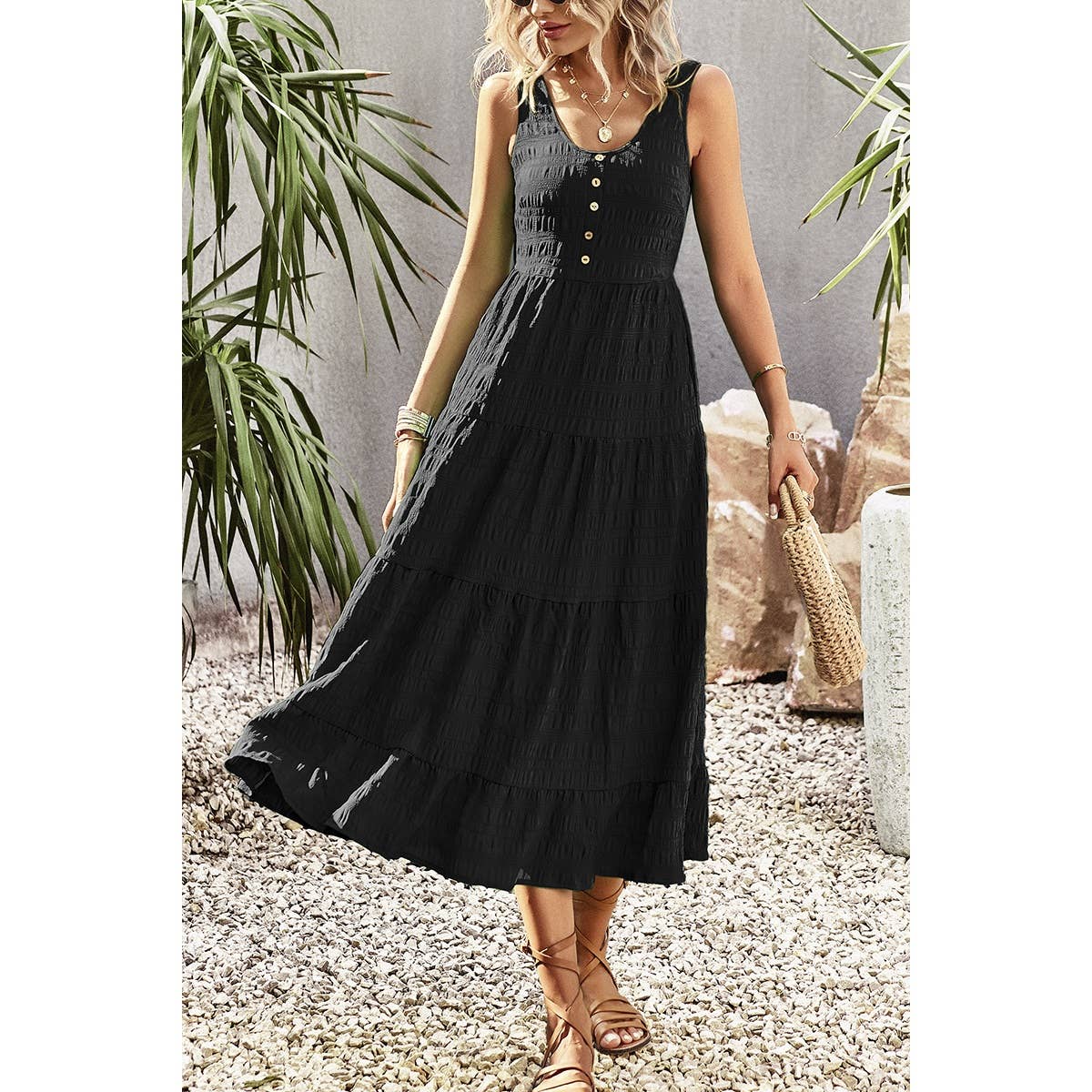 Sleeveless Boat Beck Button Ruched Hem Ruffle Dress - MVTFASHION.COM