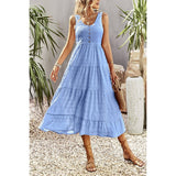 Sleeveless Boat Beck Button Ruched Hem Ruffle Dress - MVTFASHION.COM