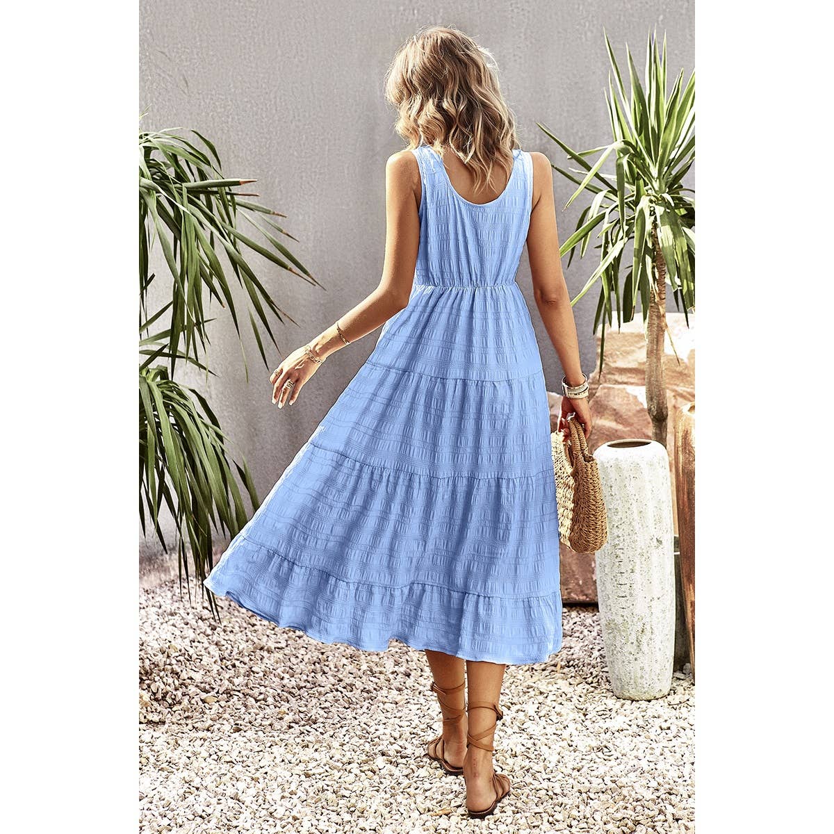 Sleeveless Boat Beck Button Ruched Hem Ruffle Dress - MVTFASHION.COM