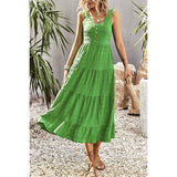 Sleeveless Boat Beck Button Ruched Hem Ruffle Dress - MVTFASHION.COM