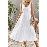 Sleeveless Boat Beck Button Ruched Hem Ruffle Dress - MVTFASHION.COM