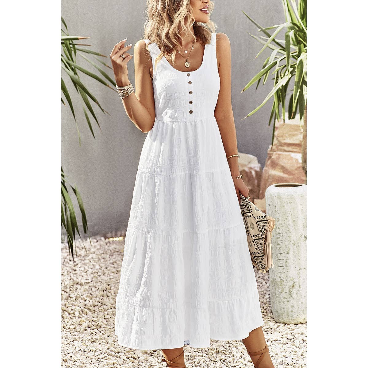 Sleeveless Boat Beck Button Ruched Hem Ruffle Dress - MVTFASHION.COM