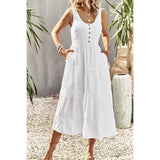 Sleeveless Boat Beck Button Ruched Hem Ruffle Dress - MVTFASHION.COM