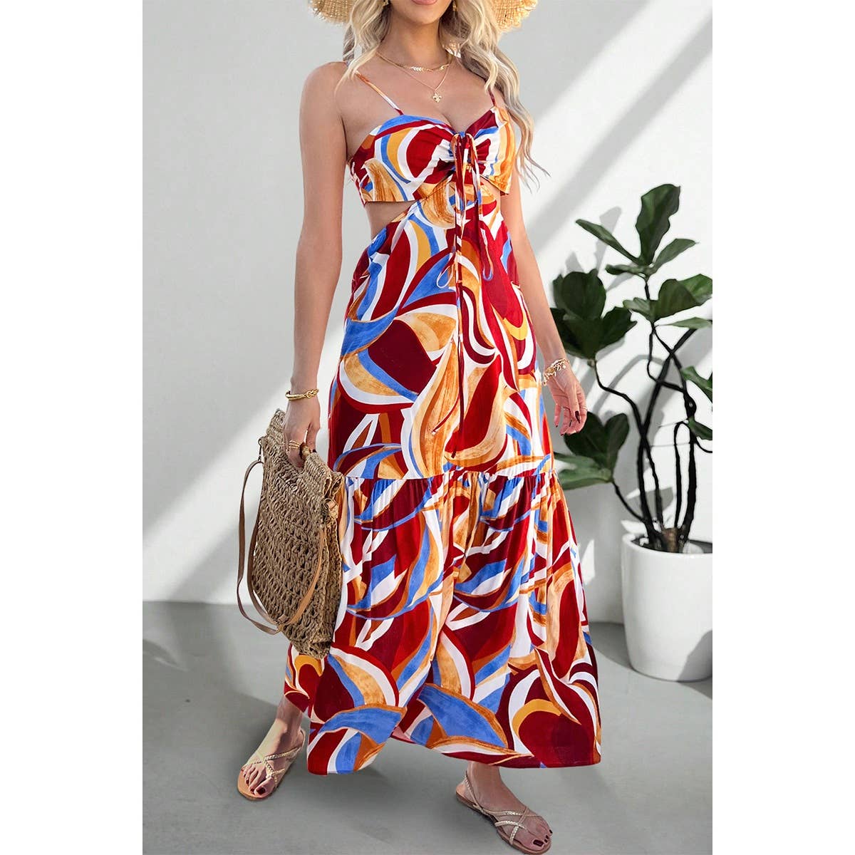 Sleeveless Front Knot Ruched Cut Out Long Dress - MVTFASHION.COM