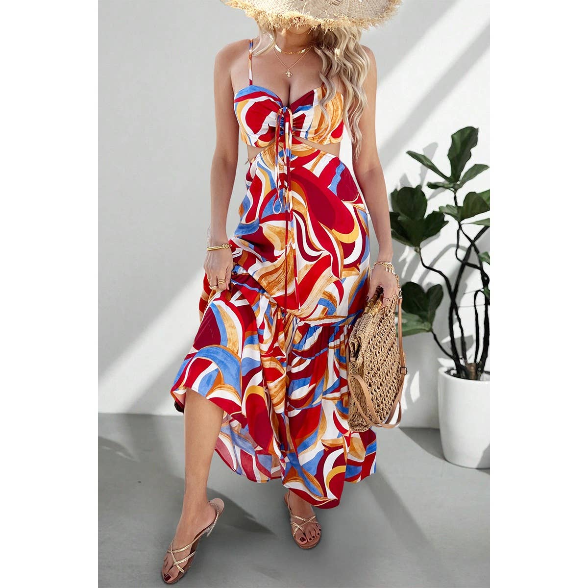 Sleeveless Front Knot Ruched Cut Out Long Dress - MVTFASHION.COM