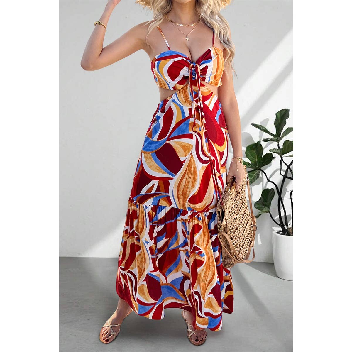 Sleeveless Front Knot Ruched Cut Out Long Dress - MVTFASHION.COM