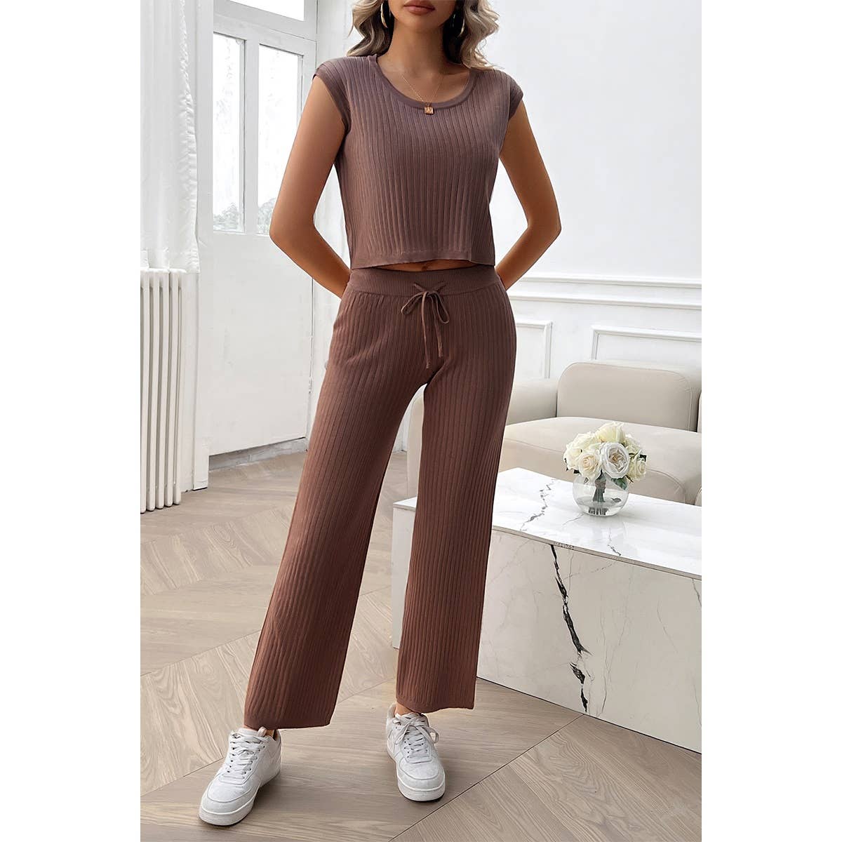 Sleeveless Knit High Waist Two Pieces Fit Set - MVTFASHION.COM