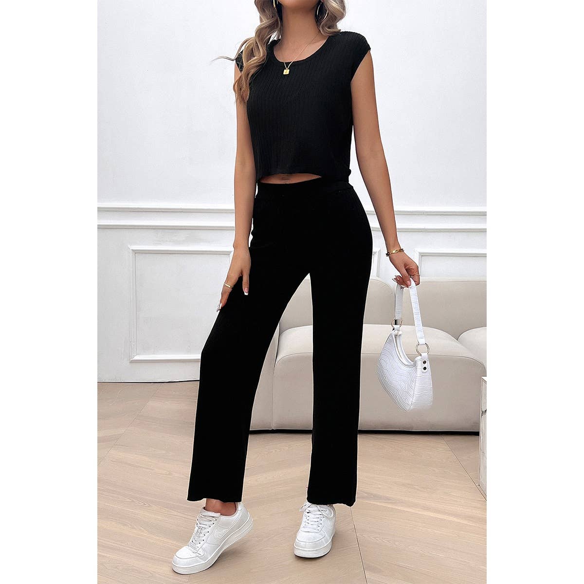 Sleeveless Knit High Waist Two Pieces Fit Set - MVTFASHION.COM