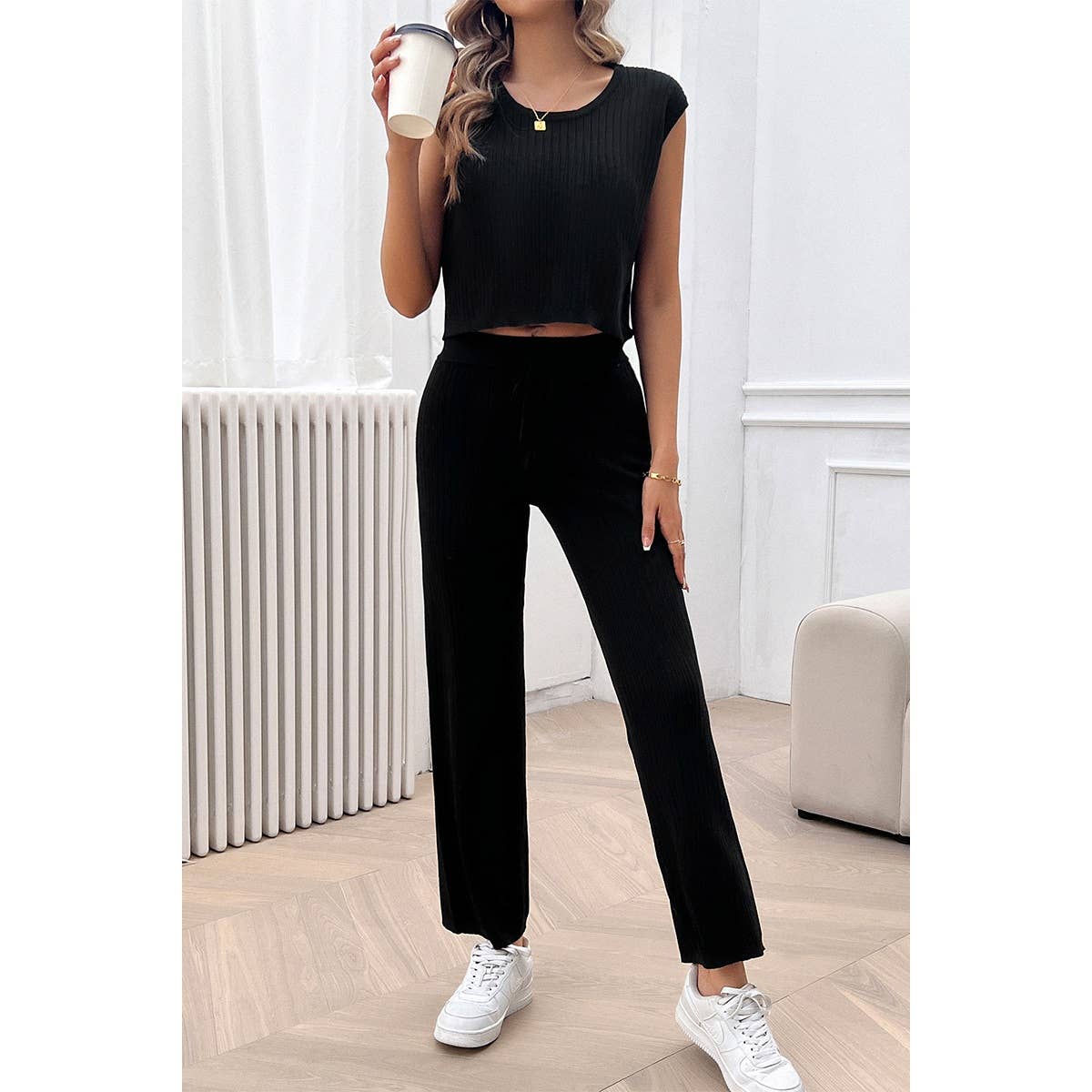 Sleeveless Knit High Waist Two Pieces Fit Set - MVTFASHION.COM