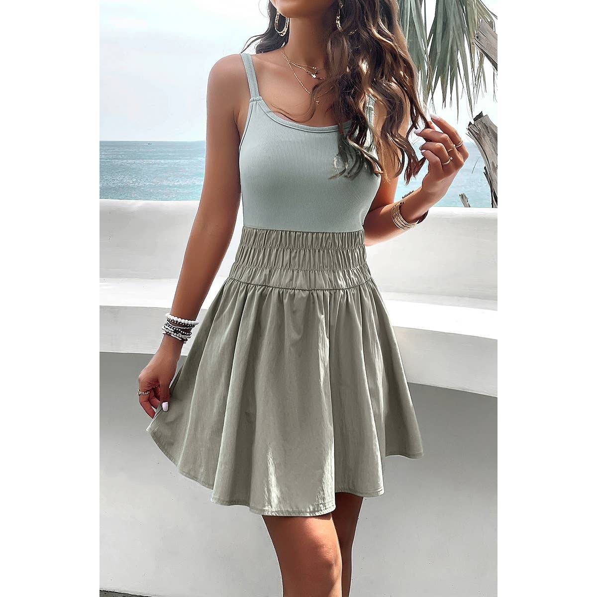 Sleeveless Low Neck Elastic Waist Ruched Dress - MVTFASHION.COM