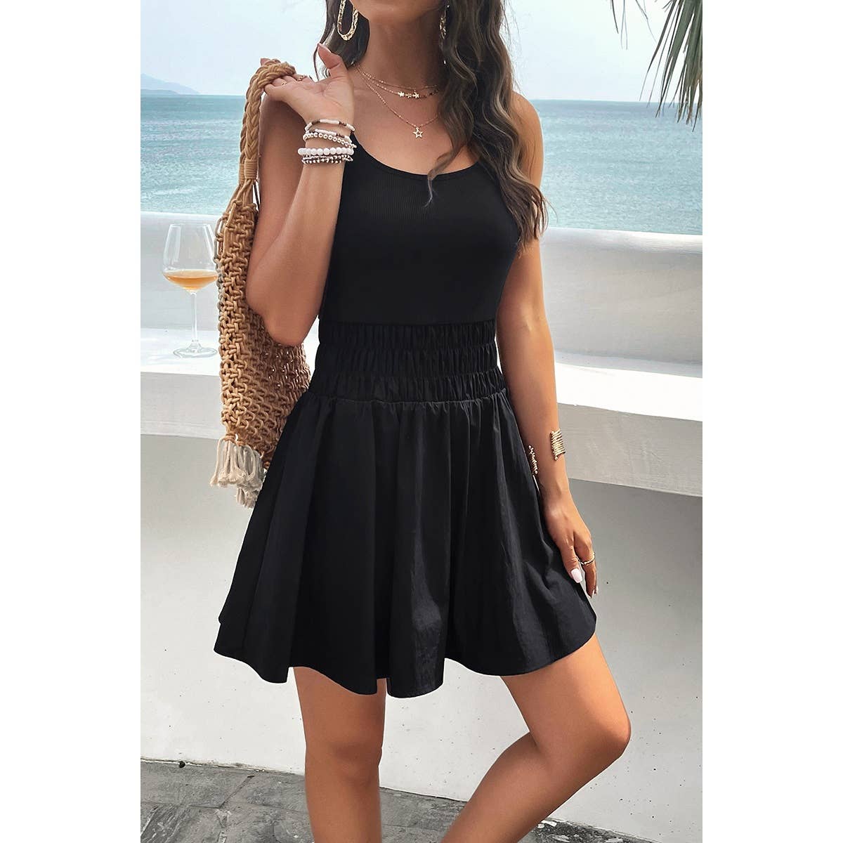 Sleeveless Low Neck Elastic Waist Ruched Dress - MVTFASHION.COM