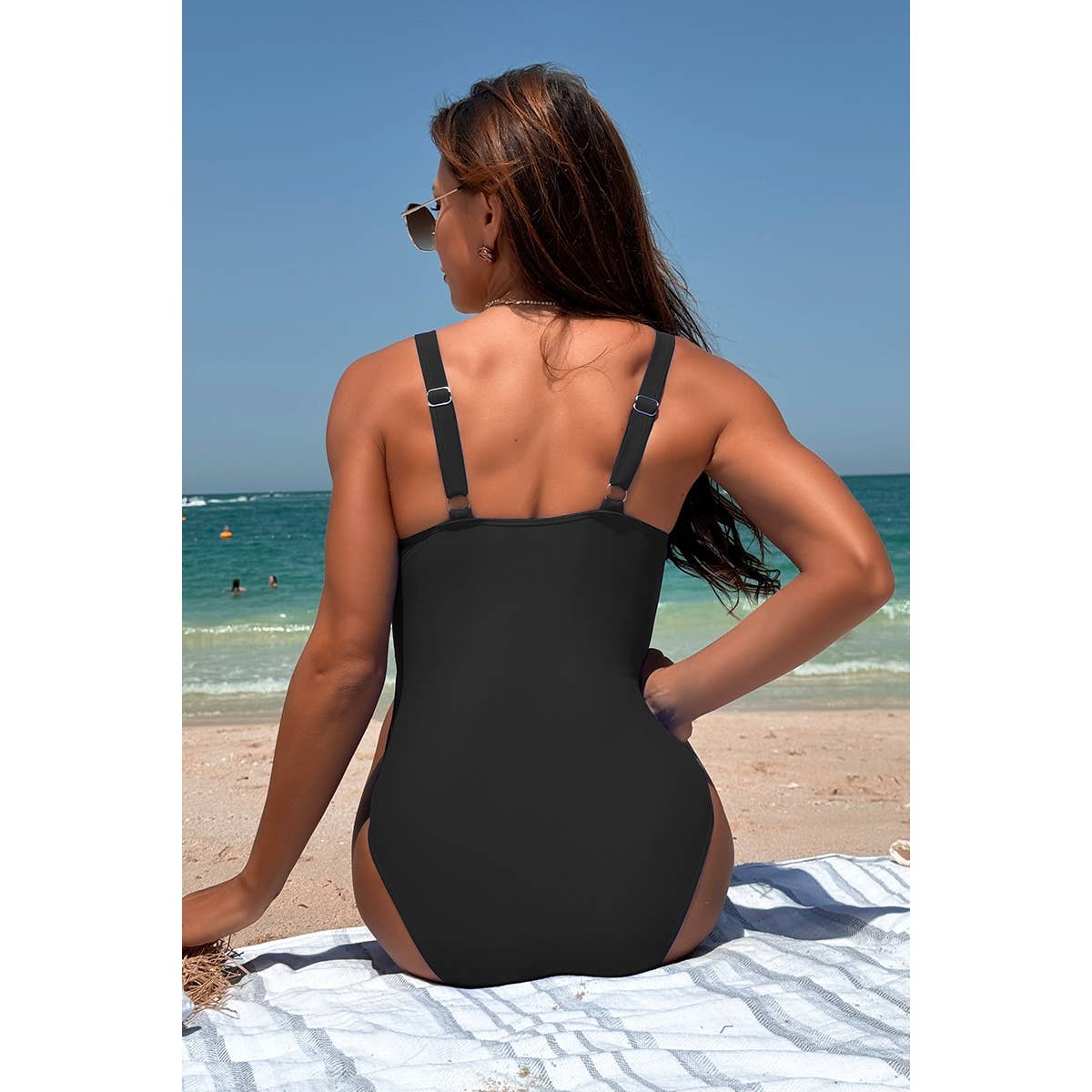 Sleeveless One Piece Cross Lace V Neck Swimsuit - MVTFASHION.COM