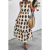 Sleeveless Printed Elastic Waist Ruffle Full Dress - MVTFASHION.COM