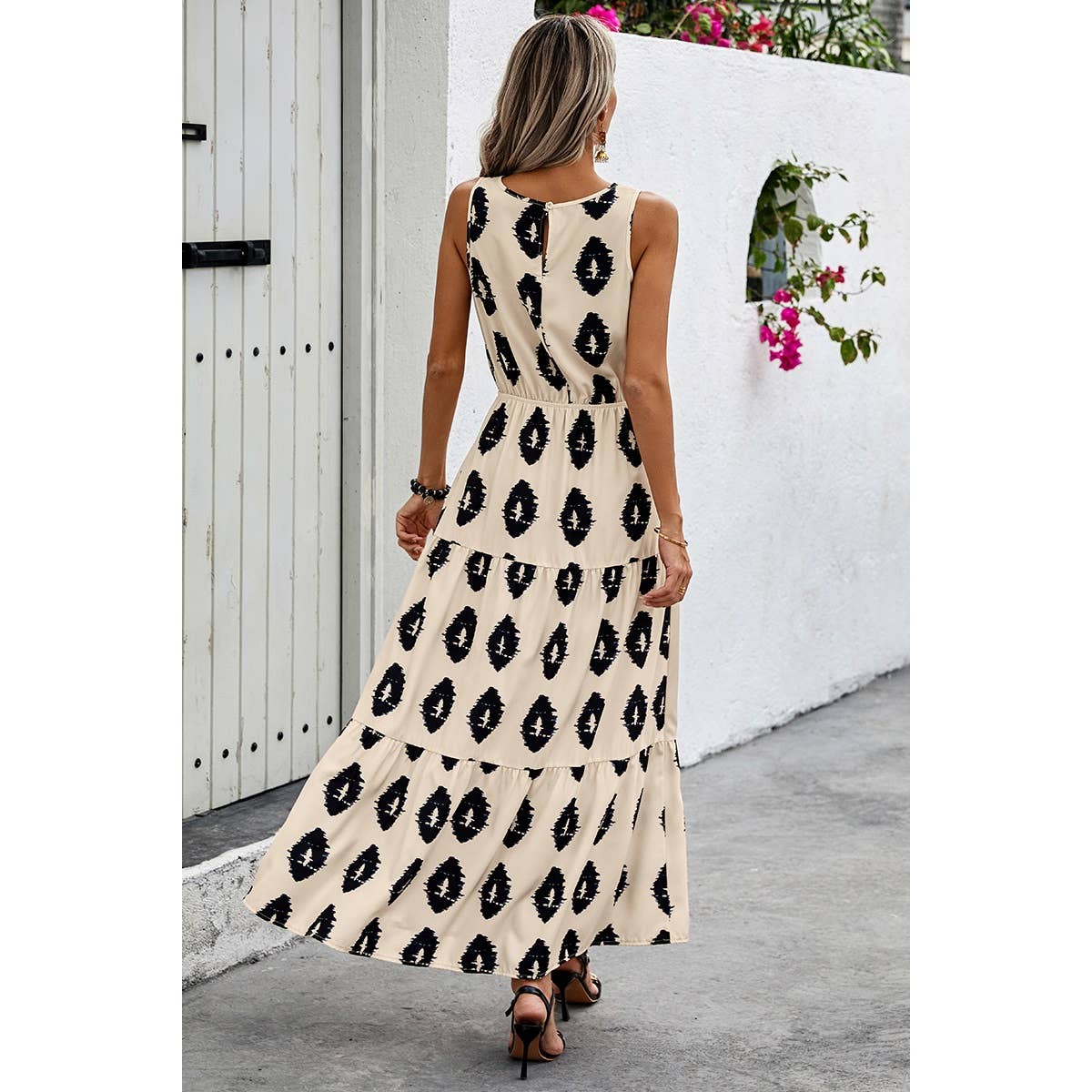 Sleeveless Printed Elastic Waist Ruffle Full Dress - MVTFASHION.COM