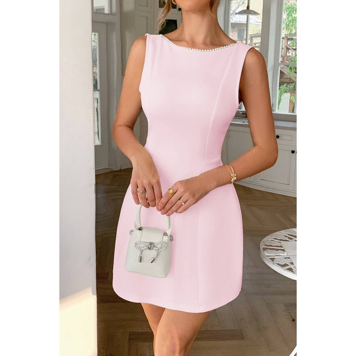 Sleeveless Ruffle Bowknot Back Fit Mini Dress - MVTFASHION.COM