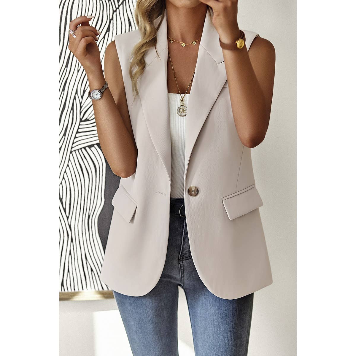 Sleeveless Solid Pockerts Button Front Open Suit - MVTFASHION.COM