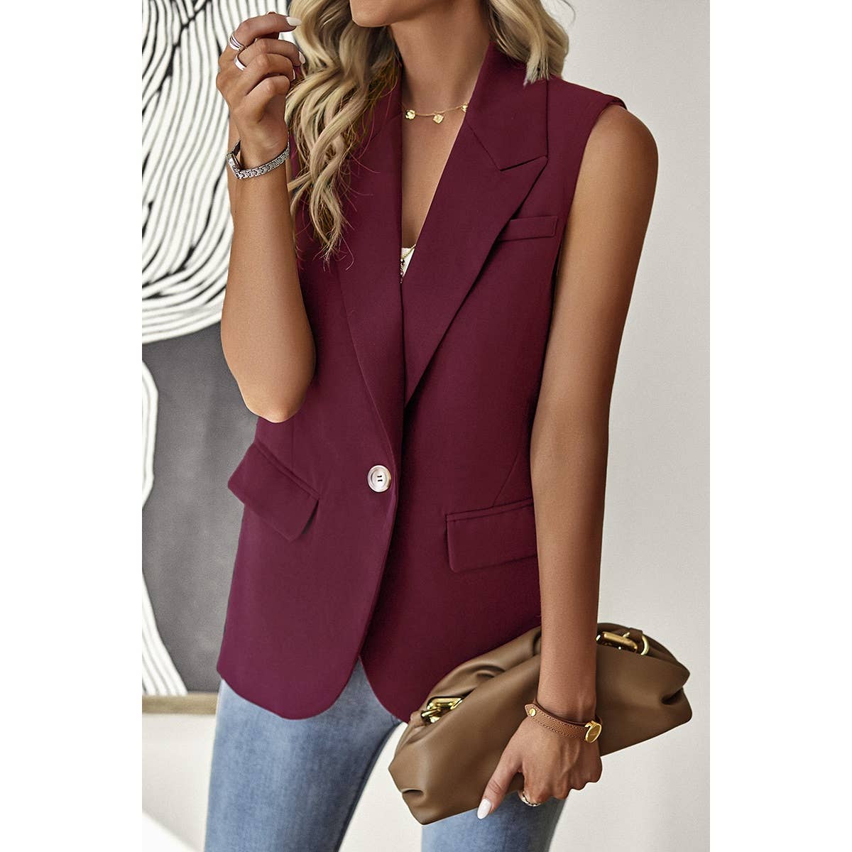 Sleeveless Solid Pockerts Button Front Open Suit - MVTFASHION.COM