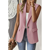 Sleeveless Solid Pockerts Button Front Open Suit - MVTFASHION.COM