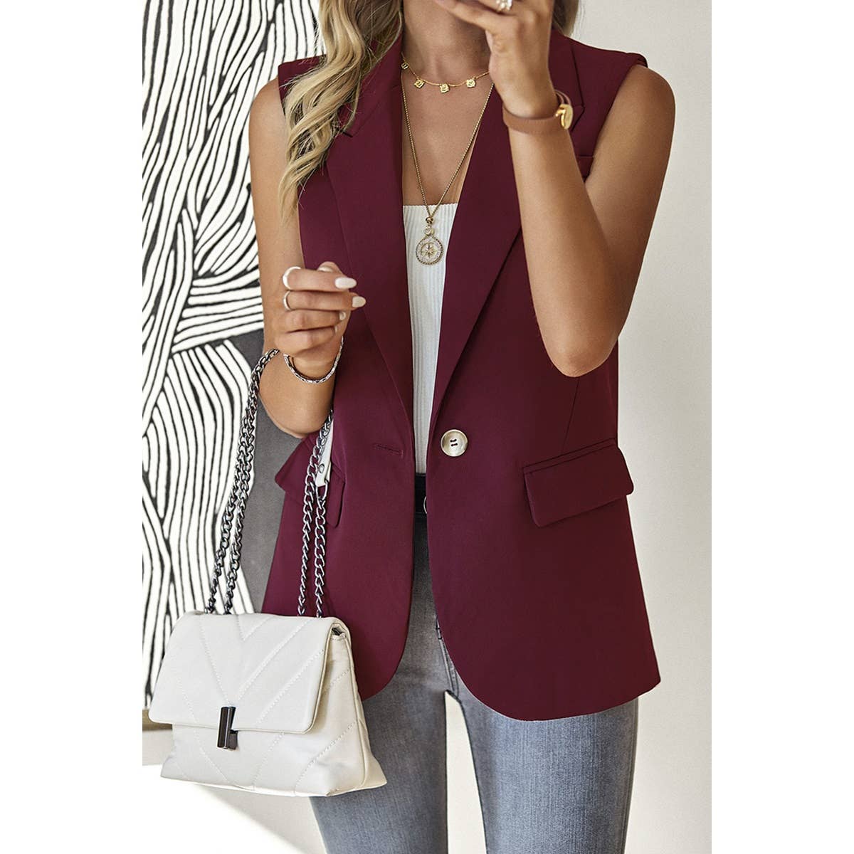 Sleeveless Solid Pockerts Button Front Open Suit - MVTFASHION.COM