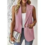 Sleeveless Solid Pockerts Button Front Open Suit - MVTFASHION.COM