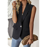 Sleeveless Solid Pockerts Button Front Open Suit - MVTFASHION.COM