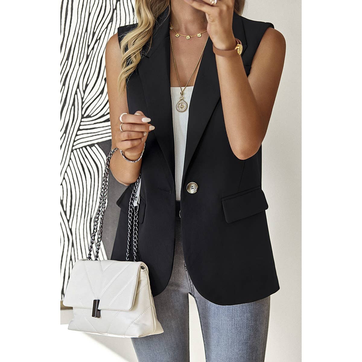 Sleeveless Solid Pockerts Button Front Open Suit - MVTFASHION.COM