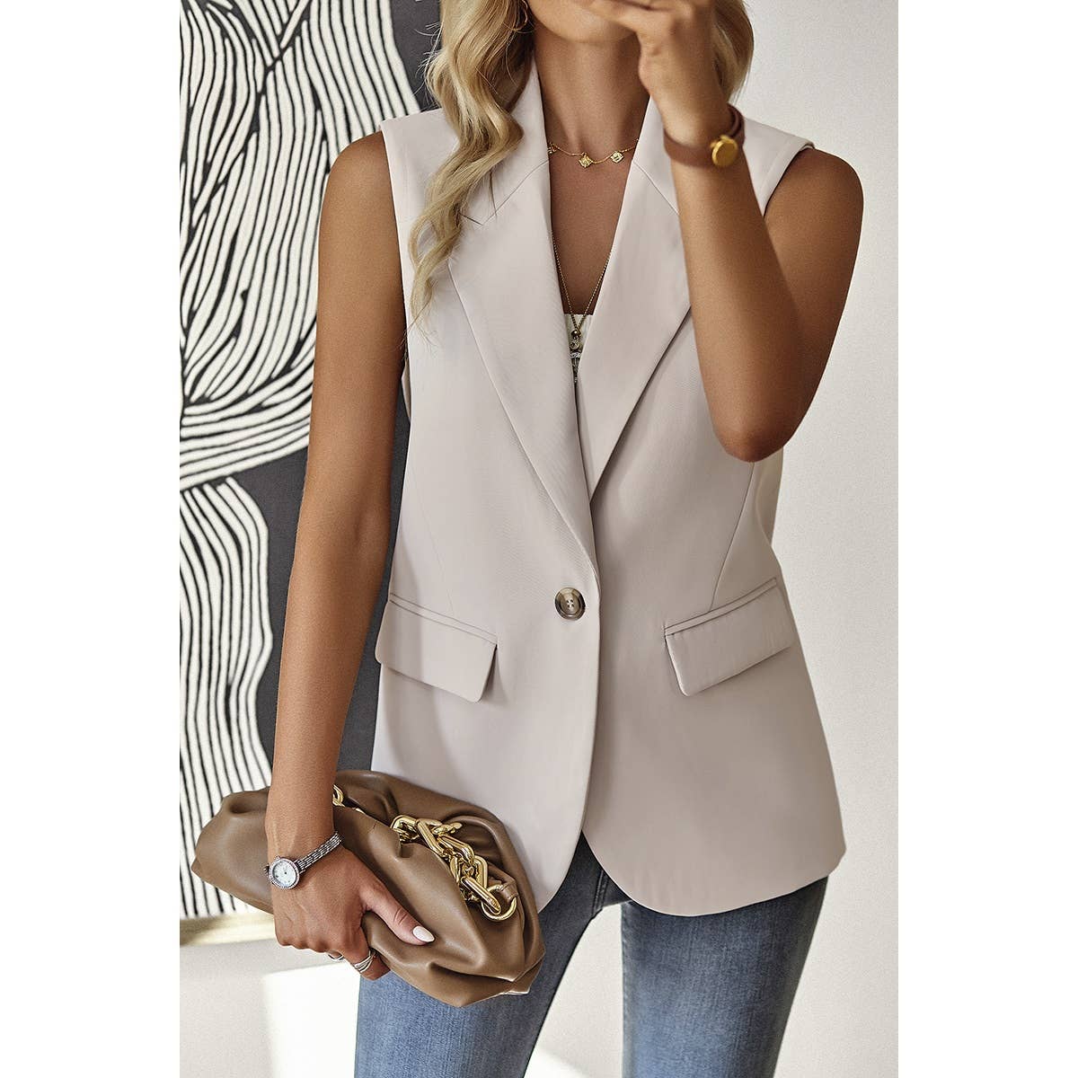 Sleeveless Solid Pockerts Button Front Open Suit - MVTFASHION.COM