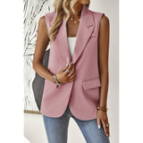 Sleeveless Solid Pockerts Button Front Open Suit - MVTFASHION.COM