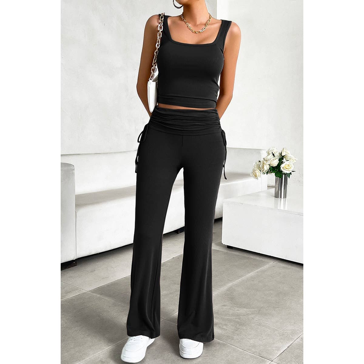 Sleeveless Square Neck Ruched Elastic Fit Sets - MVTFASHION.COM