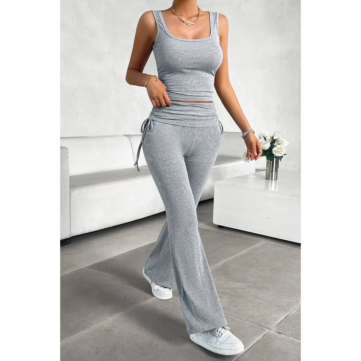 Sleeveless Square Neck Ruched Elastic Fit Sets - MVTFASHION.COM