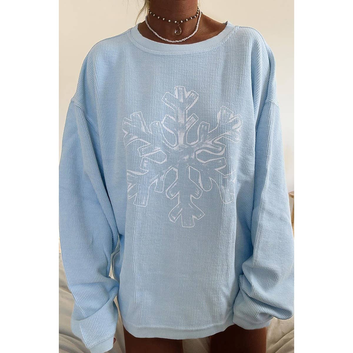 Snowflake Drop Shoulder Round Neck Loose Hoodie - MVTFASHION.COM