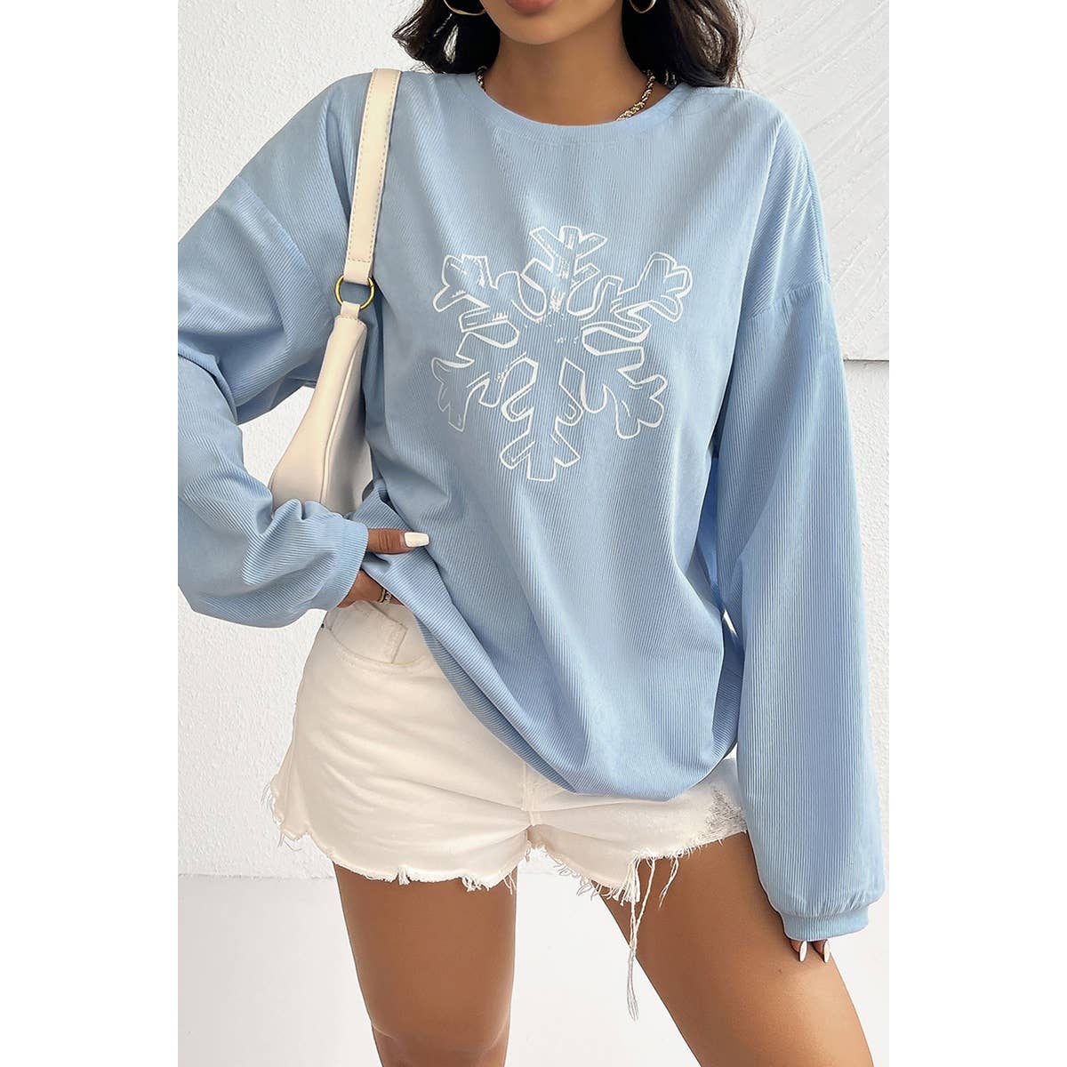 Snowflake Drop Shoulder Round Neck Loose Hoodie - MVTFASHION.COM