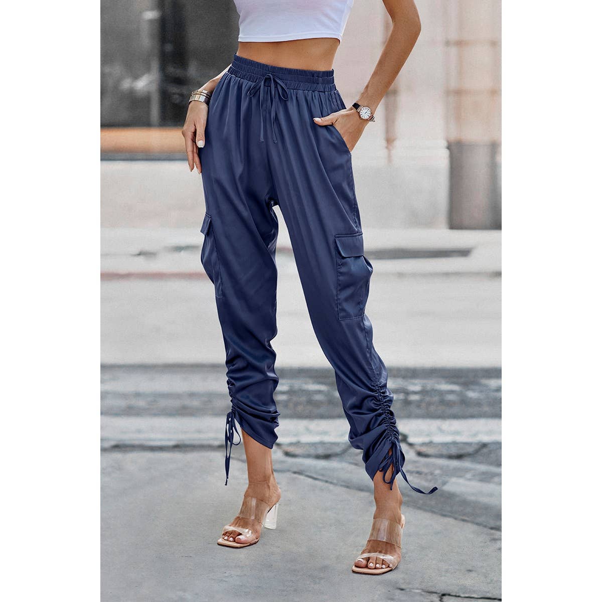 Soild Pockets Ruffle Slip Sport Pant - MVTFASHION.COM