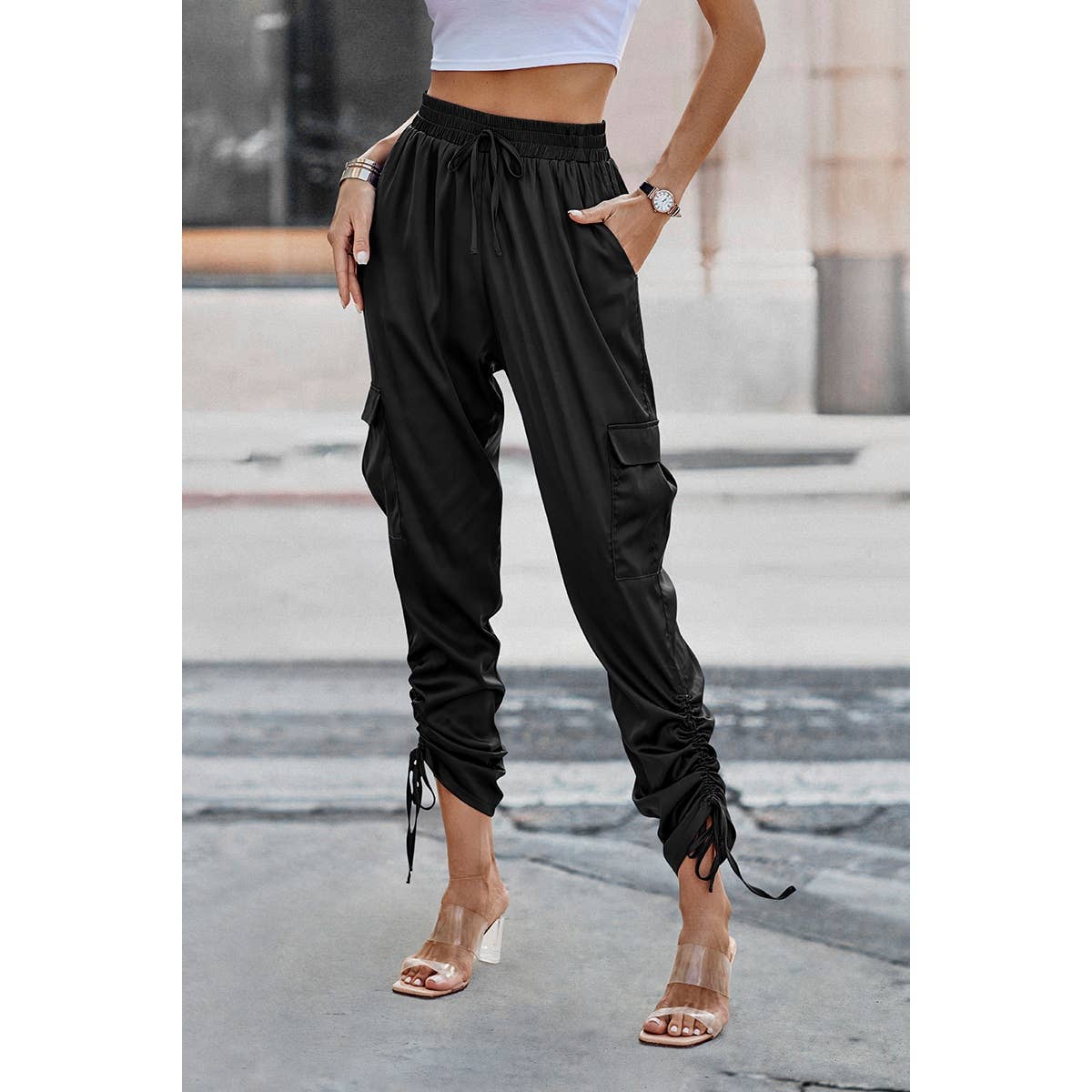 Soild Pockets Ruffle Slip Sport Pant - MVTFASHION.COM