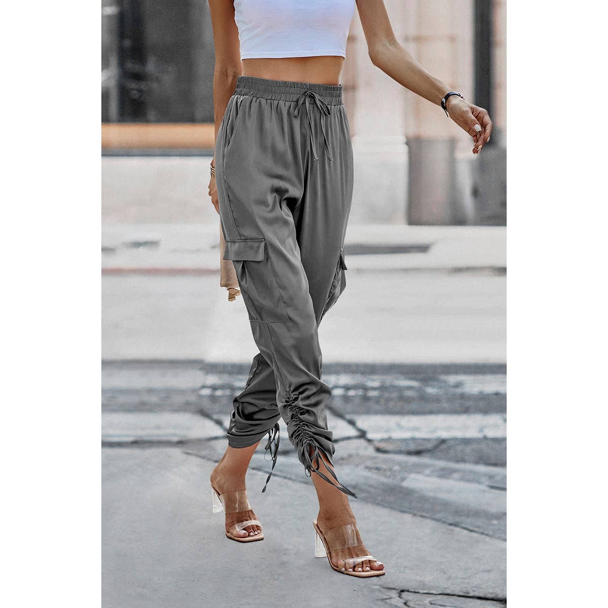 Soild Pockets Ruffle Slip Sport Pant - MVTFASHION.COM